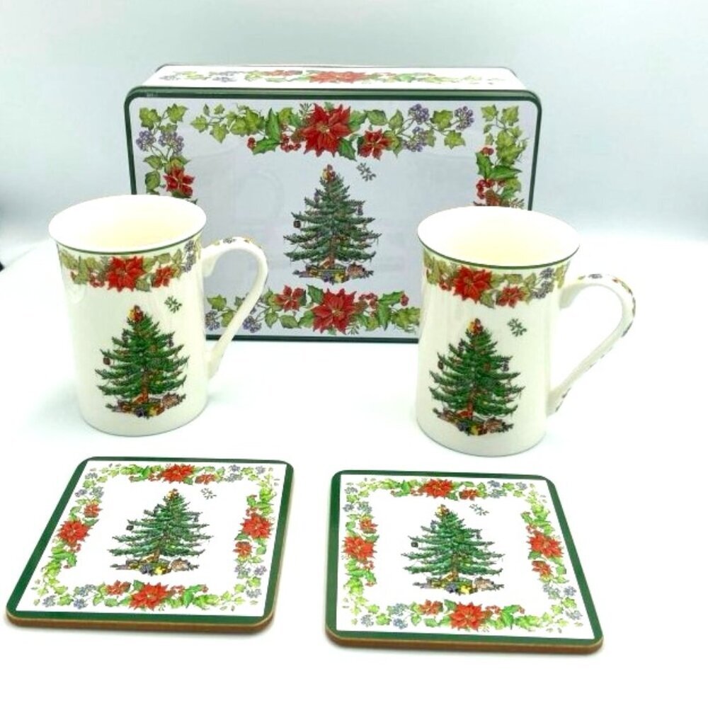 Spode Christmas Tree 5 Piece‎ Set 2 Mugs 2 Coasters & Tin Holiday Seasonal